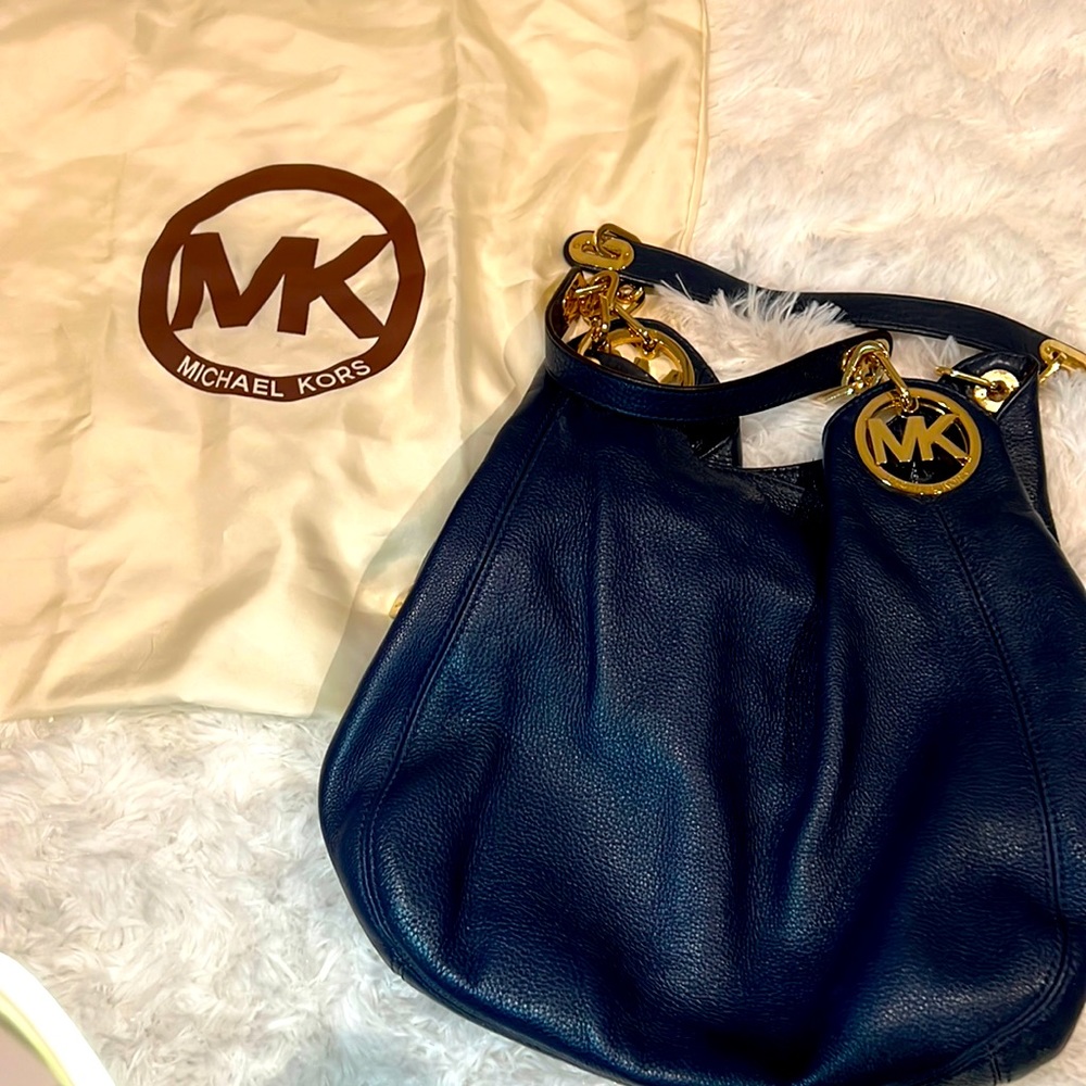 Michael Kors Fulton Shoulder Tote Bag Purse in Navy Blue (Leather) with Monogram